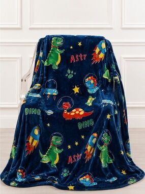 Source Unknown Navy Blue Dino Astronaut Plush Throw Blanket
